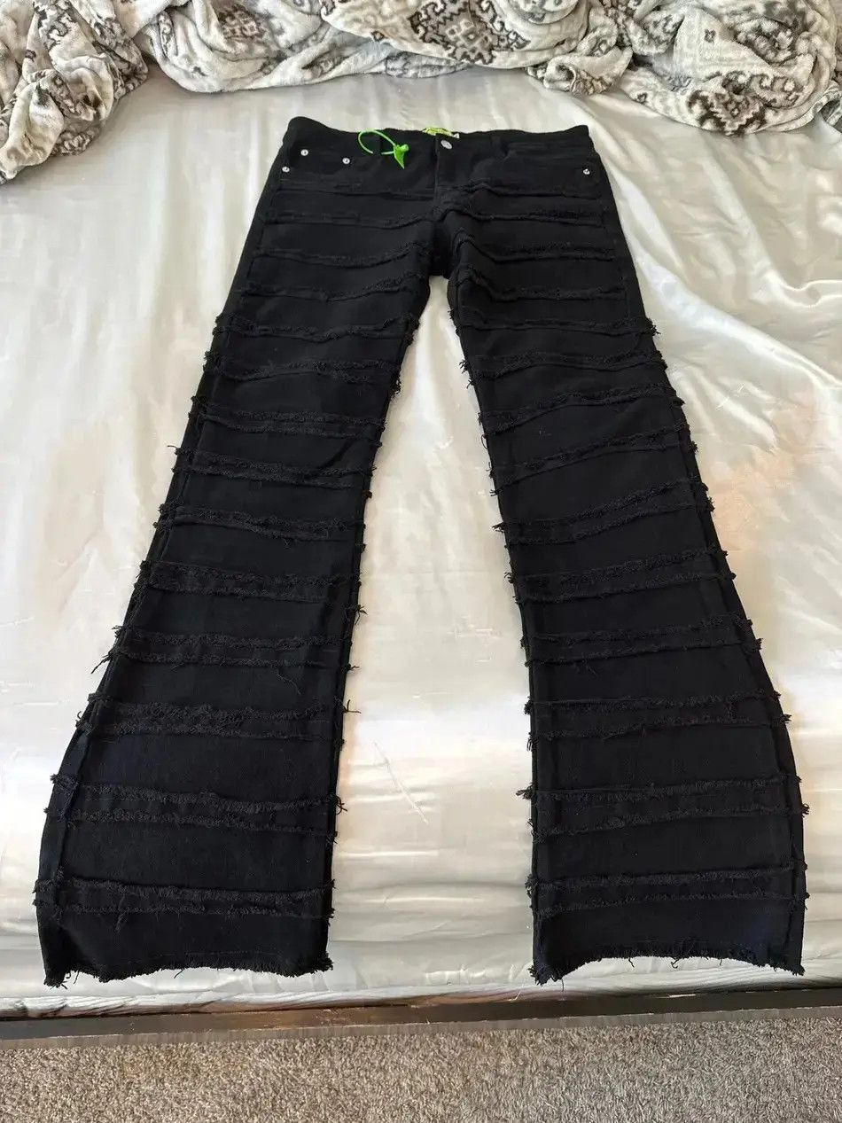 Japanese Brand Black Striped Tassel Frayed Straight Baggy Jeans Pants Size US 32 / EU 48 - 5 Thumbnail