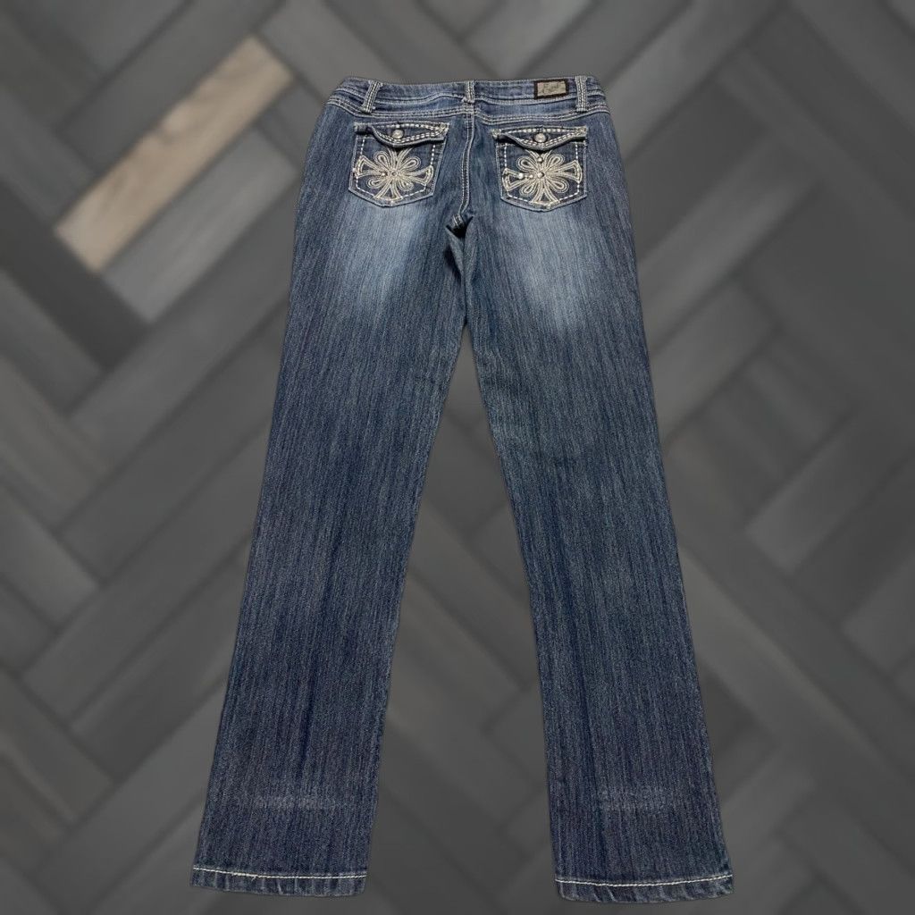 Vintage Earl Jean Jeans Bootcut Women's 4 Blue Embroidered Rhinestone Pockets Slim Stretch Distressed 5-Pocket Denim Mid Rise Inseam 30 Size 27" / US 4 / IT 40 - 1 Thumbnail