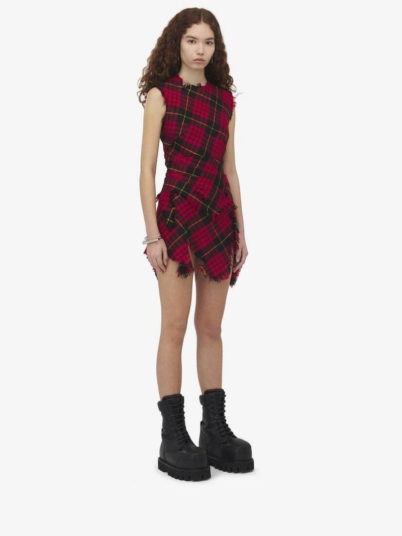 Alexander McQueen o1srvl11e0326 Distressed Tartan Mini Dress in Red/Black Size XL / US 12-14 / IT 48-50 - 2 Thumbnail