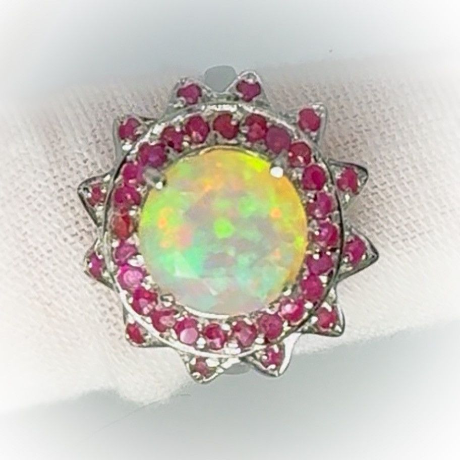 Nordstrom 14k White Gold over Silver Ethiopian Opal and Ruby Ring! Size ONE SIZE - 2 Thumbnail