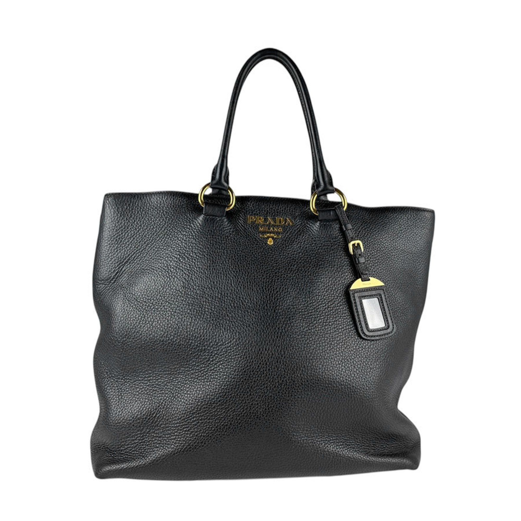 Prada Handbag Shoulder Bag Leather Black Gold Men Women Z4889