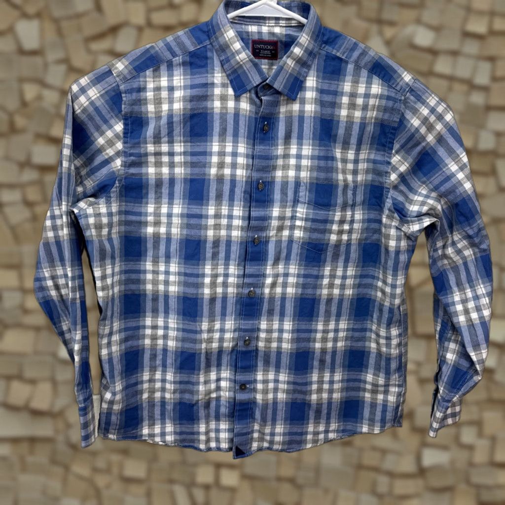 UNTUCKit UNTUCKit Shirt Men XL Blue Gray White Plaid Button-Up Long Sleeve Casual Fiano - Cotton Flannel, Regular Fit, Classic Winter Wear Size US L / EU 52-54 / 3 - 1 Thumbnail