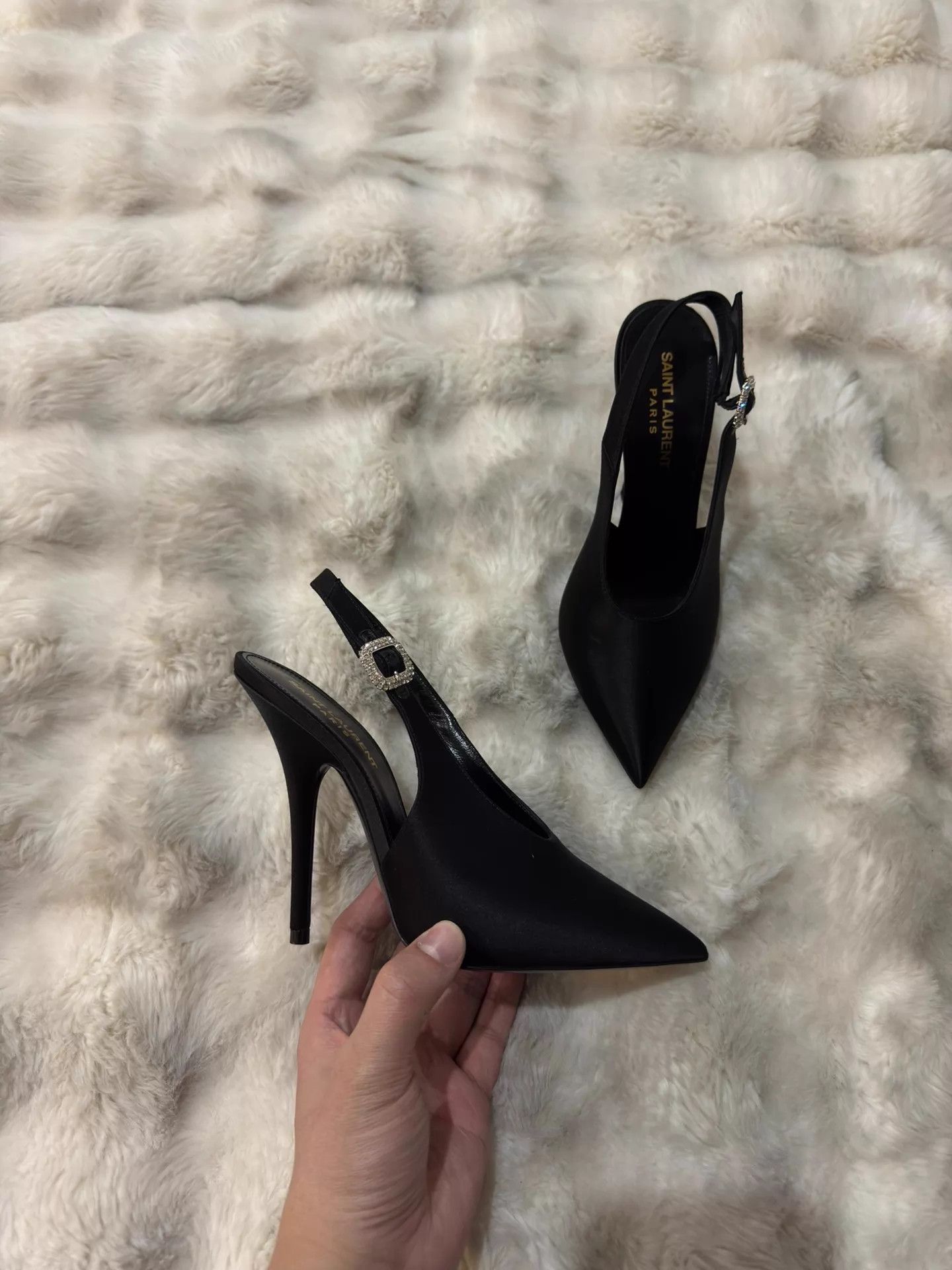 Saint Laurent Paris Saint Laurent New Black Satin Crystal Heels 37 Size US 6.5 / IT 36.5 - 4 Thumbnail