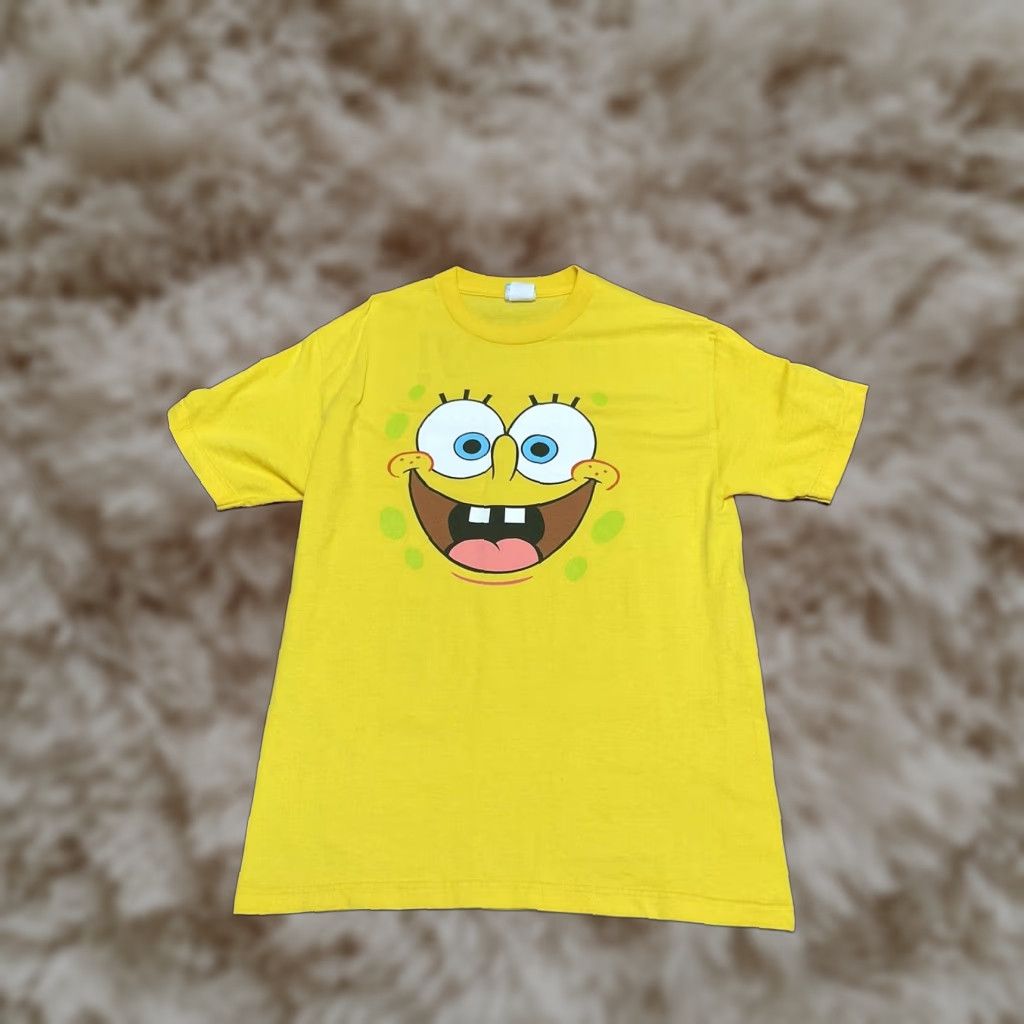 VINTAGE Nickelodeon SpongeBob SquarePants T-Shirt Men Yellow 2001 Hip Hop Y2K Retro Tee Logo Cotton Short Sleeve Crew Neck L Size