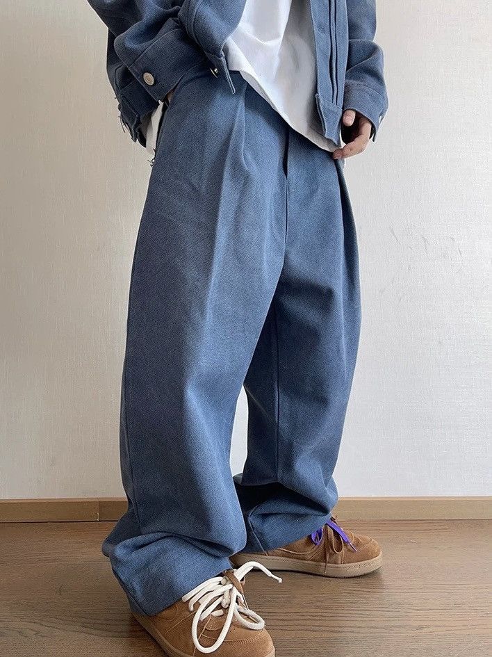 Japanese Brand × Vintage Cleanfit retro washed blue frayed pleated baggy pants Size US 35 - 1 Thumbnail
