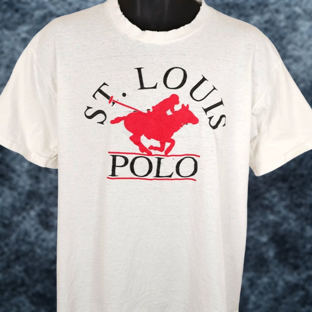 Vintage VINTAGE Cal Cru St Louis Polo T Shirt Mens XL White 80s Horse Made In USA Size US XL / EU 56 / 4 - 1 Thumbnail