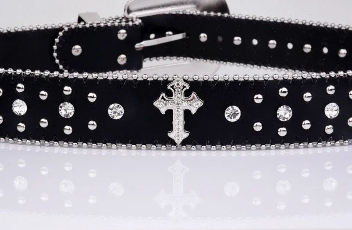 Japanese Brand × Leather Black Cross Rivet Belt Engraved Buckle Rhinestone Size ONE SIZE - 2 Thumbnail