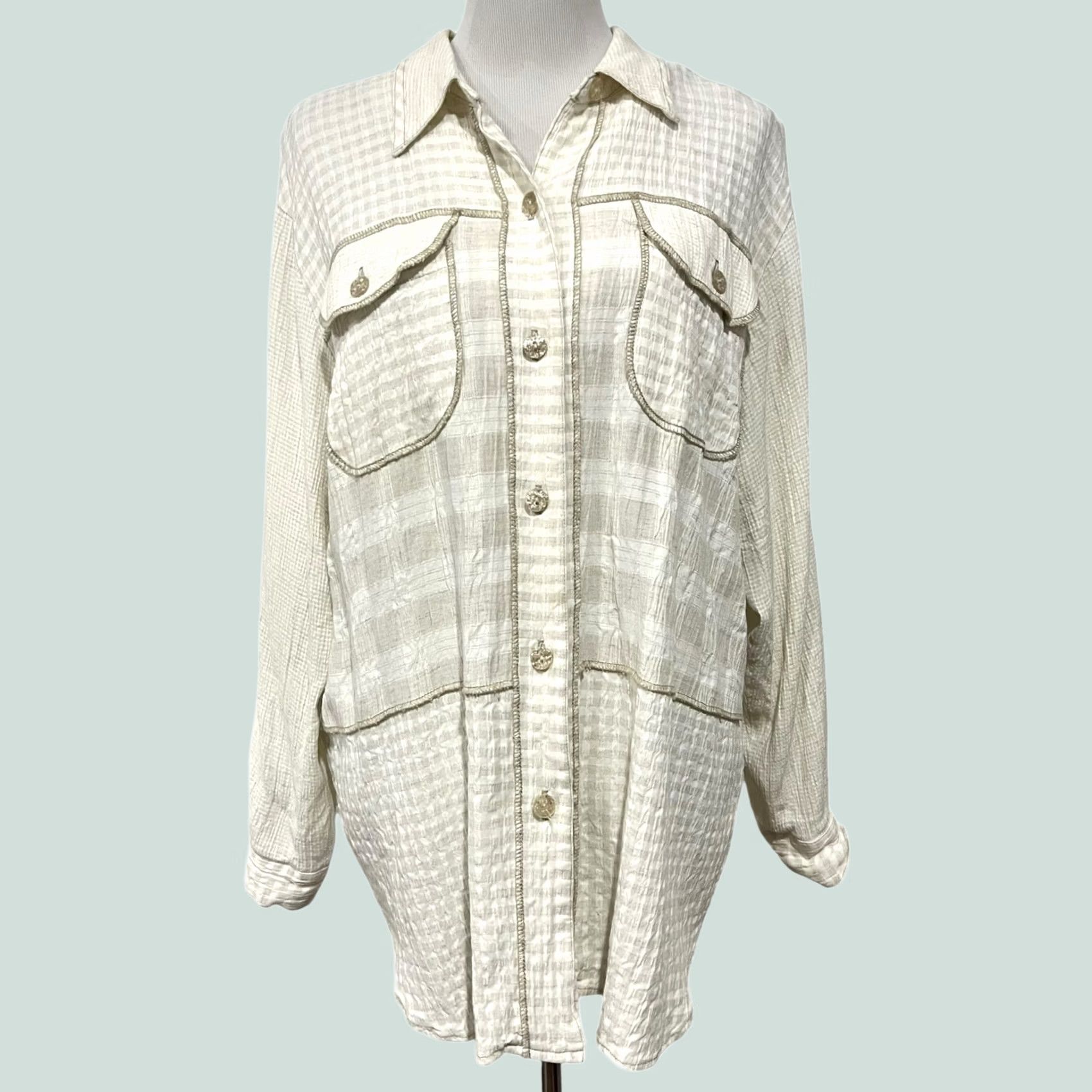 Vintage VINTAGE Saint Germain Paris Womens Blouse Button Up Top Beige Cream Check Pockets L Size L / US 10 / IT 46 - 1 Thumbnail