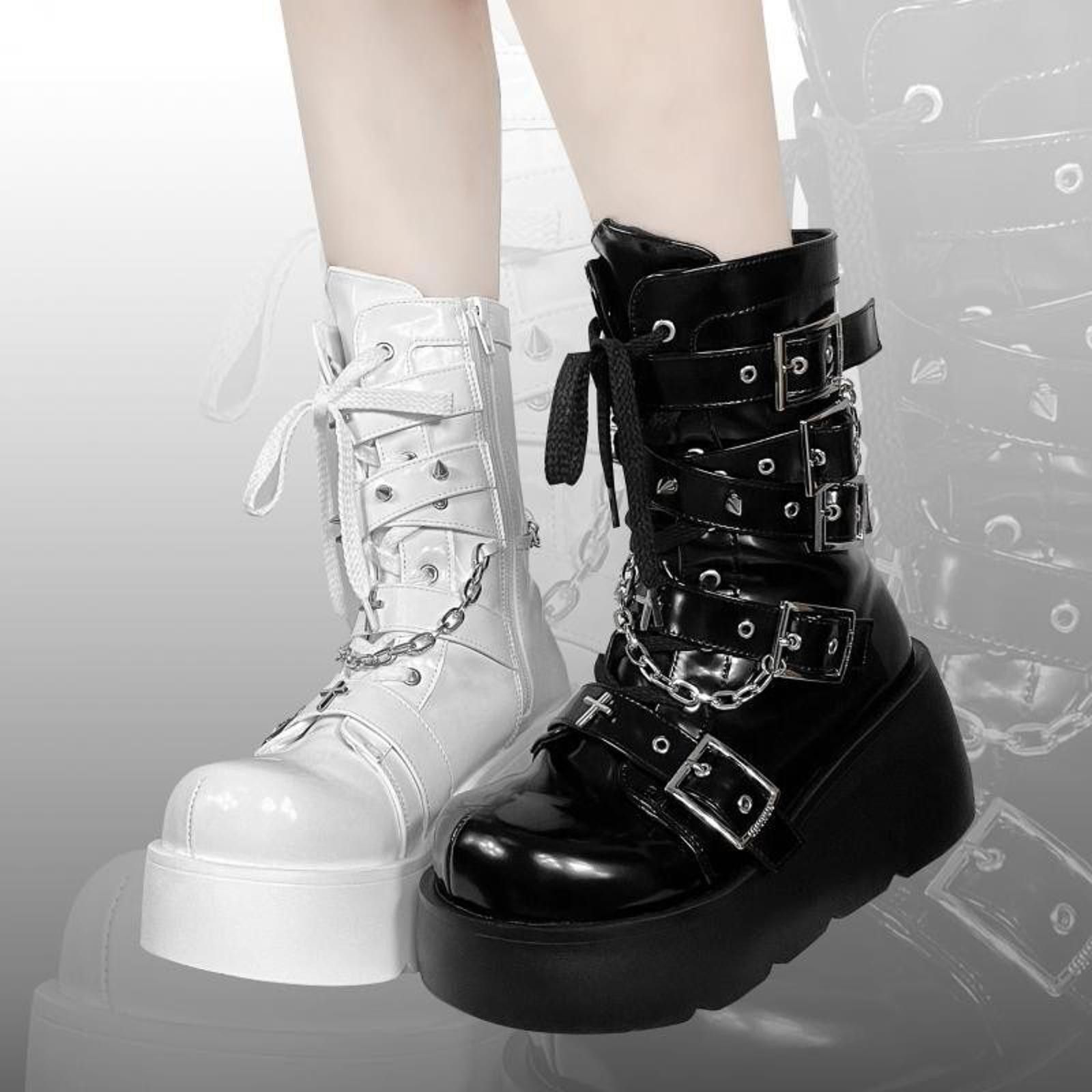 The Unbranded Brand Y2K Hot Girl Thick Bottom Round Head Cross Cool Boots Size ONE SIZE - 2 Thumbnail