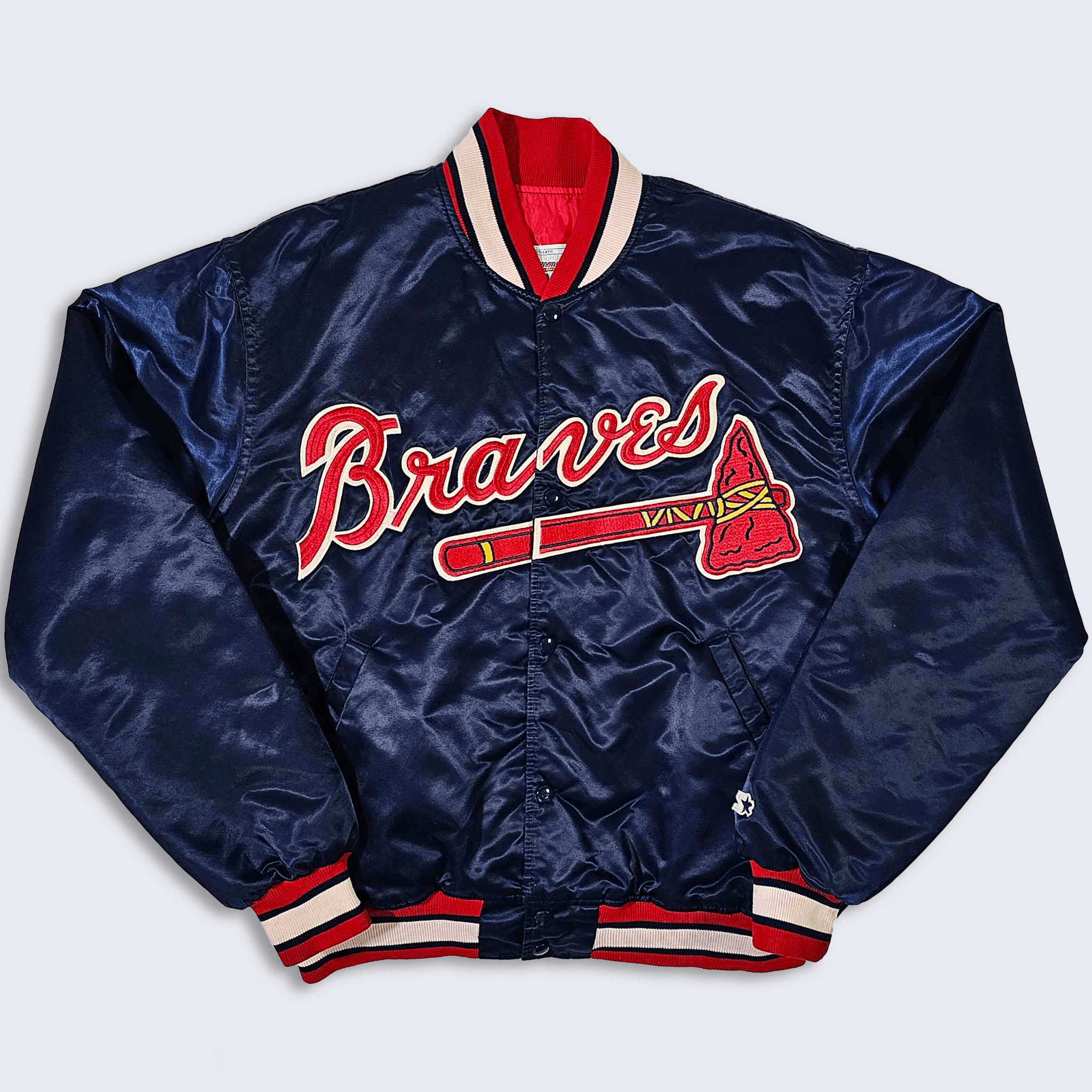 Image of Mlb x Starter Atlanta Braves Vintage 90's Starter Satin Bomber Jacket in Blue Red, Men's (Size XL)