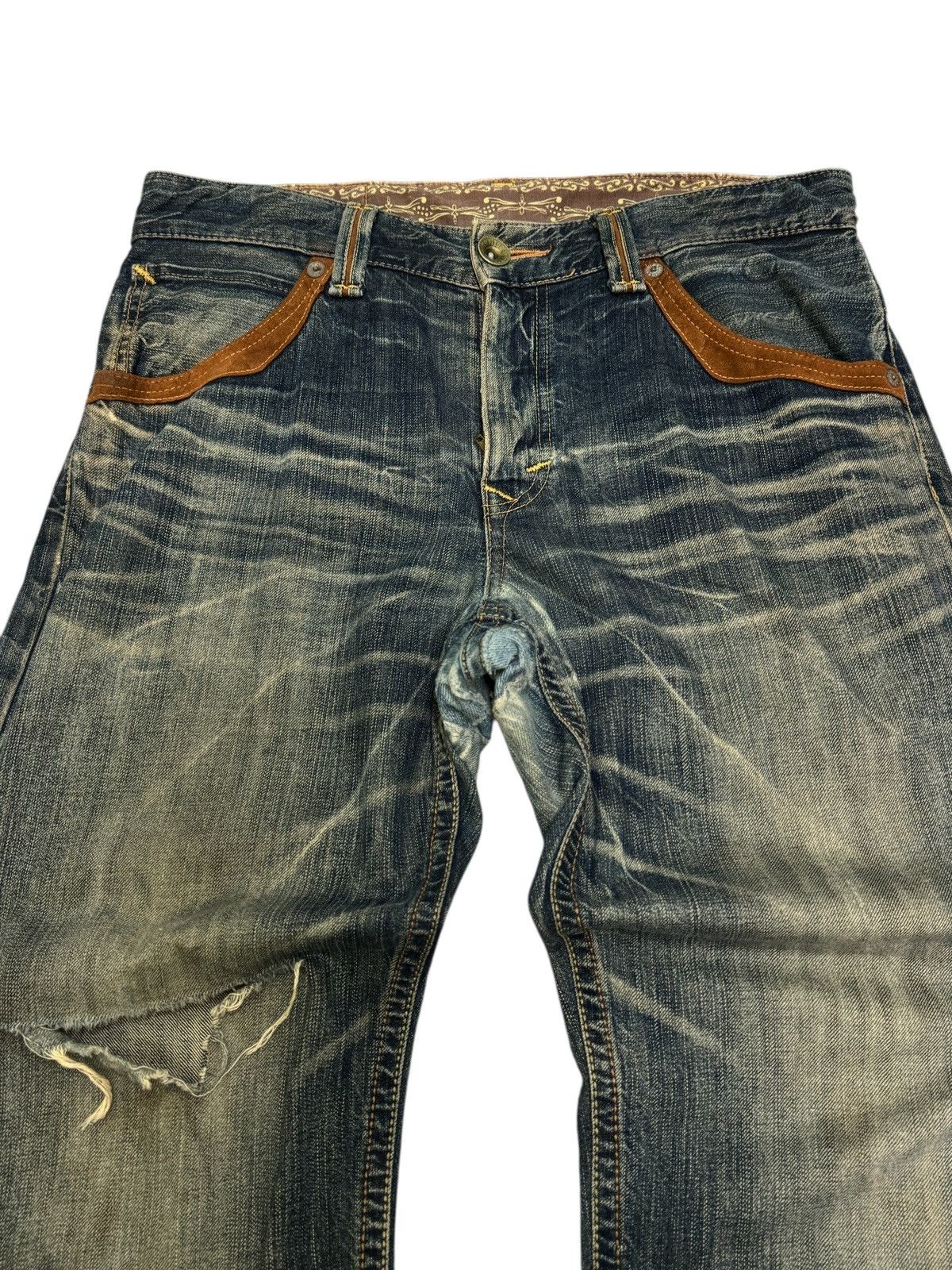 Edwin Distress Edwin Leather Trimmed Western Baggy Rusty Wash Size US 33 - 3 Thumbnail