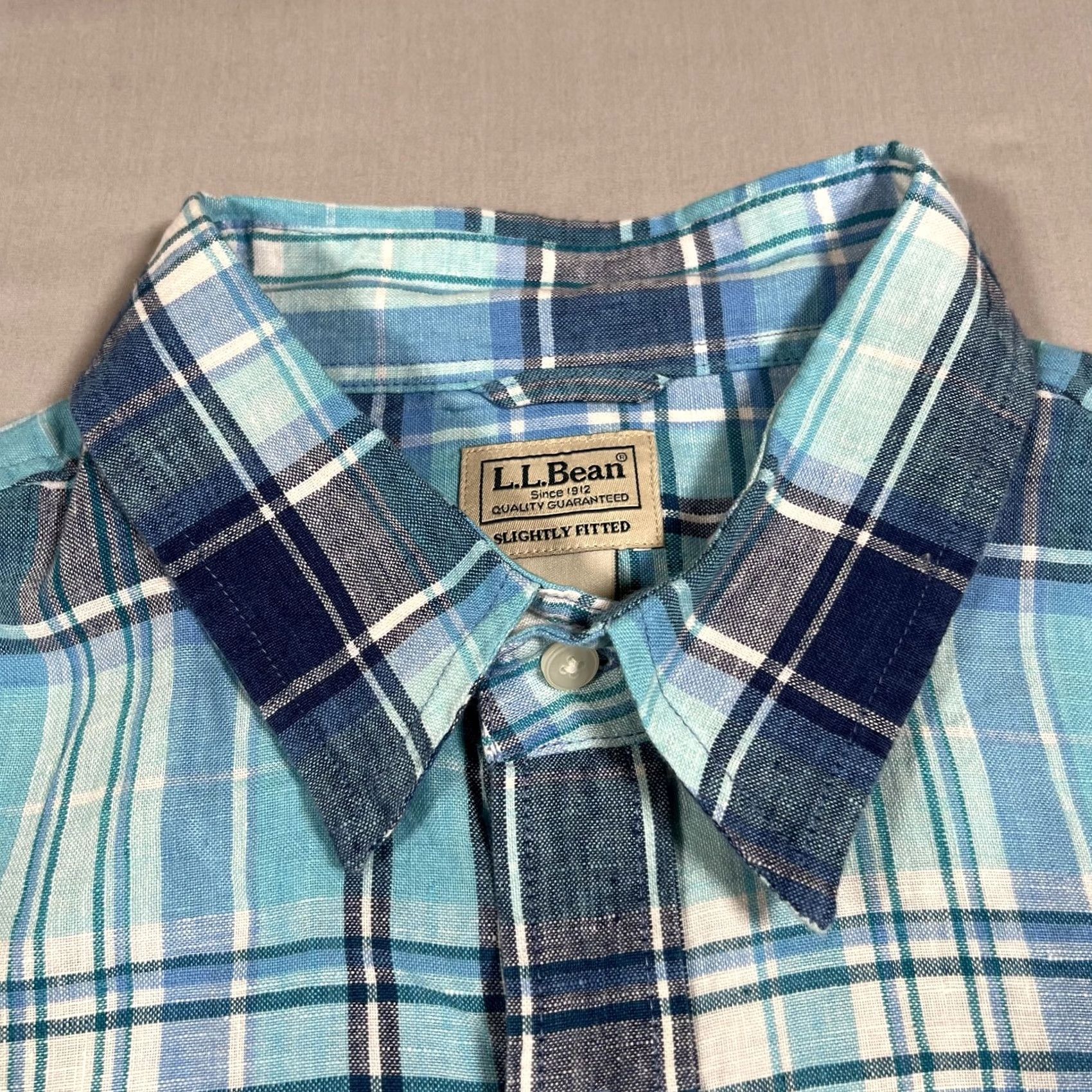 Altea LL Bean Men's L Slightly Fitted Linen Plaid Button Up Shirt Blue Teal Size US L / EU 52-54 / 3 - 6 Thumbnail
