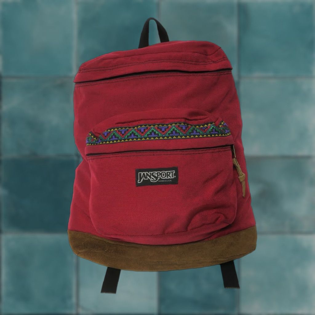 VINTAGE Jansport Backpacks 1994 Red Leather Bottom Tribal Stripe 90s USA Mens Medium Bag