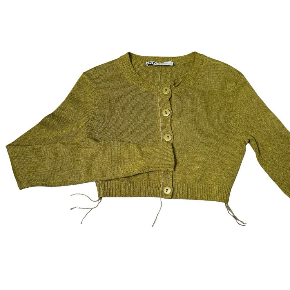 Zara New Zara Cotton Cropped Knit Olive Cardigan Size XS Size XS / US 0-2 / IT 36-38 - 5 Thumbnail