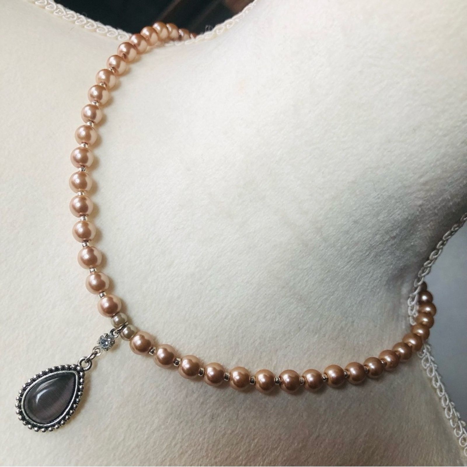 Handmade Handcrafted repurpose grey moon glow teardrop Pearl necklace Size ONE SIZE - 1 Thumbnail