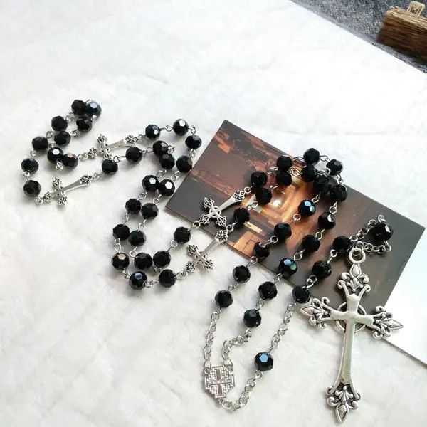 Jewelry Black Crystal Rosary Necklace Long Cross Pendant Size ONE SIZE - 4 Thumbnail