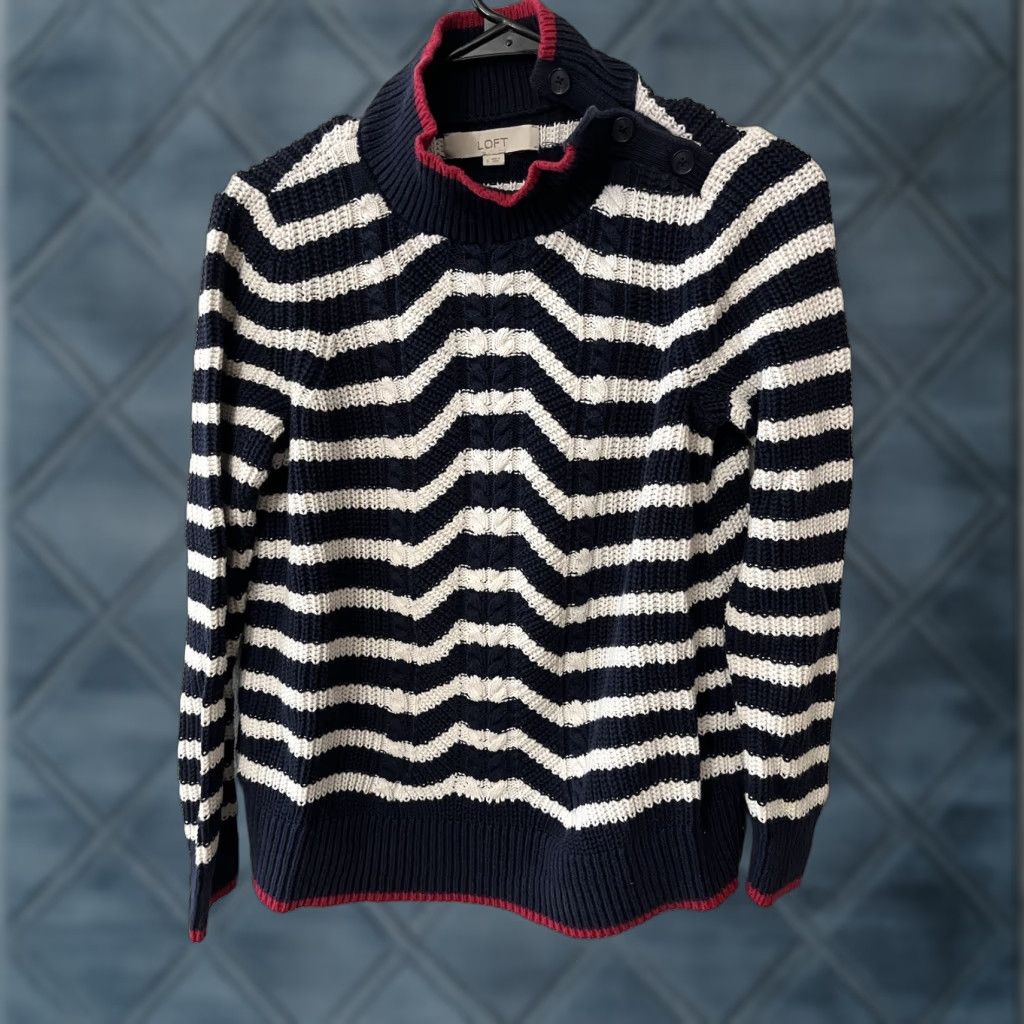 Loft LOFT Women’s Sweater - Cable Knit Mock Neck Button Drop - Striped Navy White Red - Sz Small - Womens Size S / US 4 / IT 40 - 1 Thumbnail