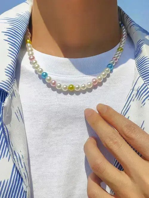 Jewelry x Vintage Retro Punk Necklace Pearl Choker in Rainbow, Men's