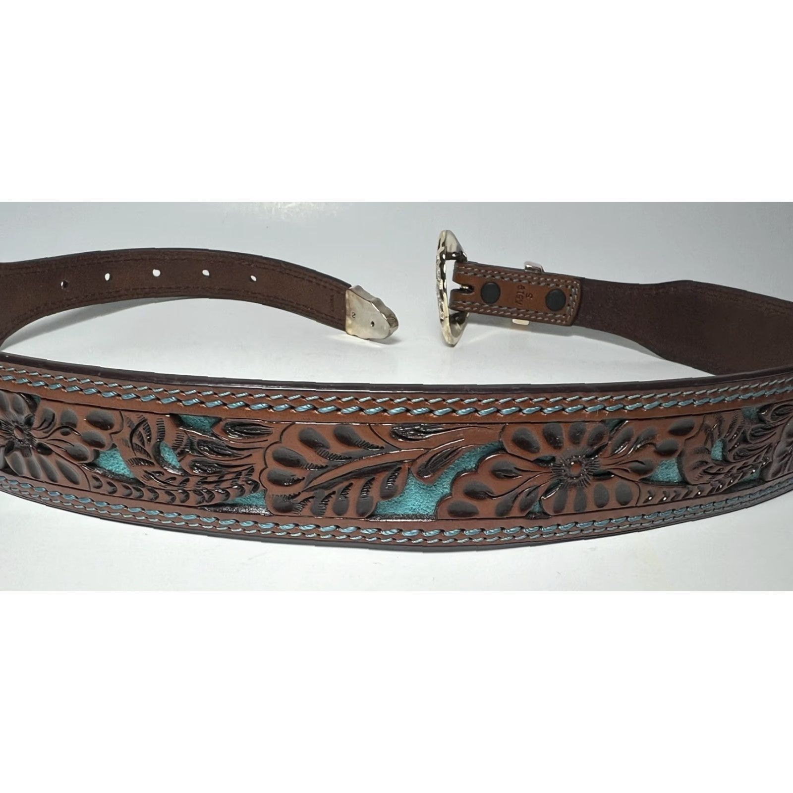 Vintage VINTAGE 3D Tooled Leather Belt Removable Silver Buckle Floral Turquoise Inlay S/M Women's Brown 3D Western Leather Cowgirl Buckle Swap 35.5” Size ONE SIZE - 4 Thumbnail