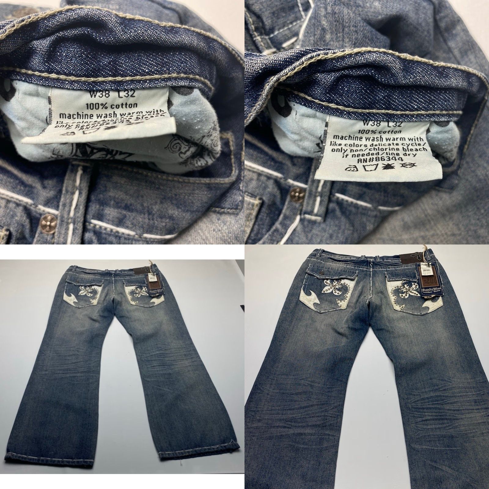 Vintage NWT Franky Max Jeans Mens 38x32 Blue Boot Cut Relaxed Fit Distressed Embroidered Jeans Size US 38 / EU 54 - 8 Thumbnail