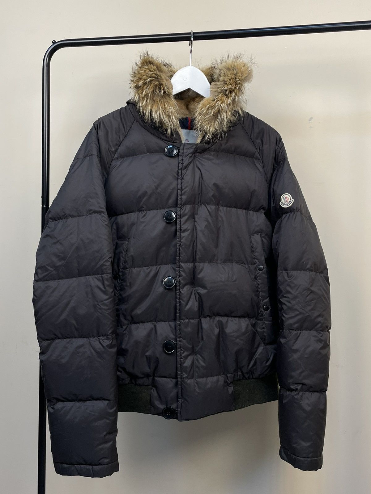 image of Moncler Bulgarie Brown Glossy Puffer Fur Jacket Maya, Men's (Size Large)