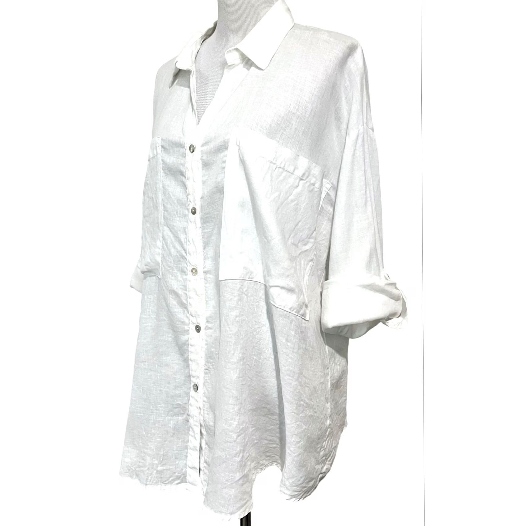 Vintage VINTAGE Magaschoni 100% Linen Button Up Shirt Roll Tab Sleeves Pockets White Womens Sz L Shirt Women L White Pocket Roll Tab Sleeve Linen Button-Up Size L / US 10 / IT 46 - 3 Thumbnail