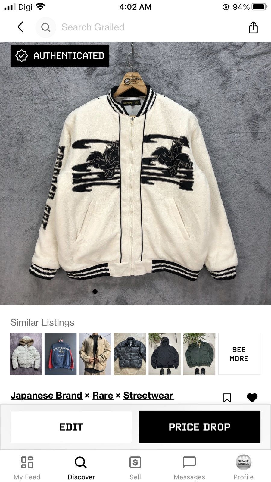 Japanese Brand TRIPPING CAT EMBROIDERY BIG LOGO FLEECE BOMBER #5377-186 Size US M / EU 48-50 / 2 - 14 Thumbnail