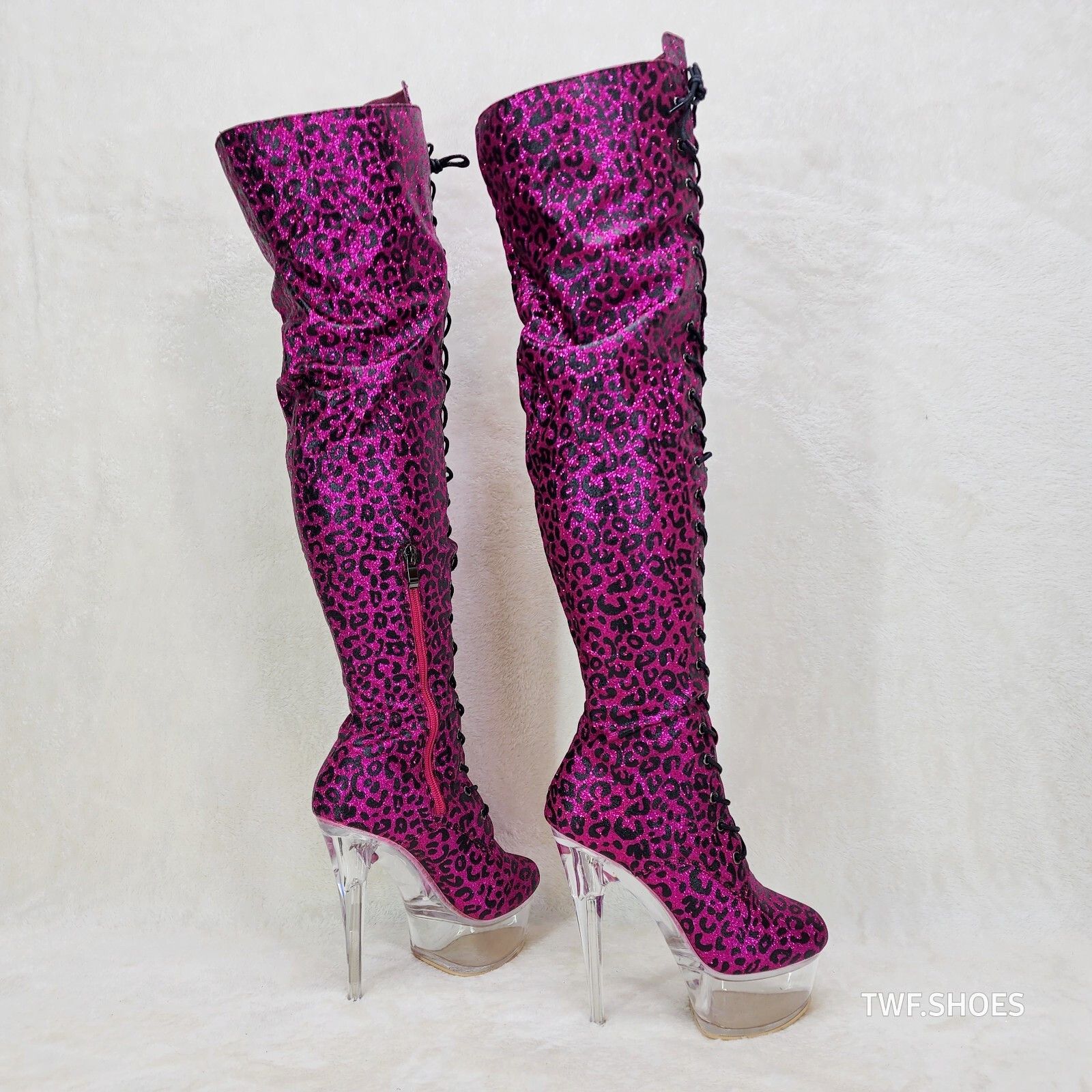 Other Bulls Hot Pink Leopard Glitter Over the Knee Clear Platform Size US 6.5 / IT 36.5 - 1 Thumbnail