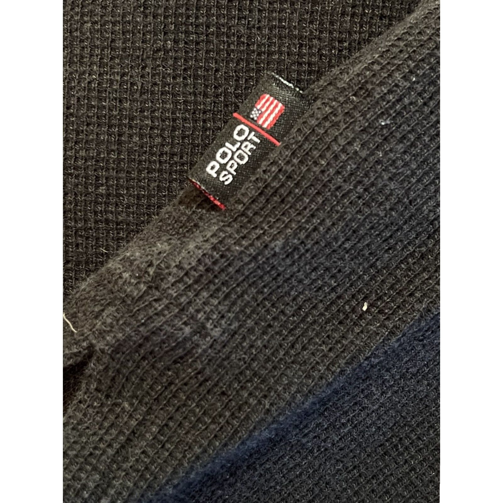Polo Ralph Lauren VINTAGE Ralph Lauren Sport Polo Shirt Mens L Black Cotton Chambray Thermal Rugby with Spell Out Logo Flag 90s Mens Size US L / EU 52-54 / 3 - 6 Thumbnail