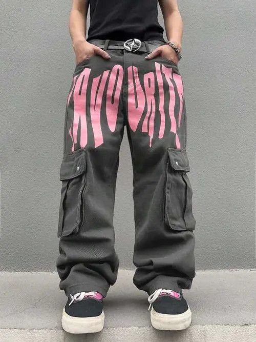 Japanese Brand Graphic Baggy Drip Drill Cargo Size US 33 - 3 Thumbnail