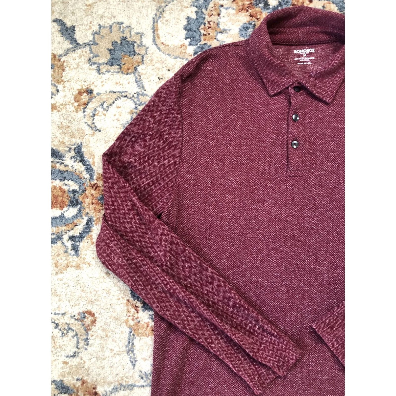 Bonobos Bonobos Polo Shirt Mens M Burgundy Long Sleeve Slim Fit Herringbone Knit Polo Shirt Slim Fit Mens Burgundy Red Knit Collar 3-Button Casual Business Size US M / EU 48-50 / 2 - 3 Thumbnail