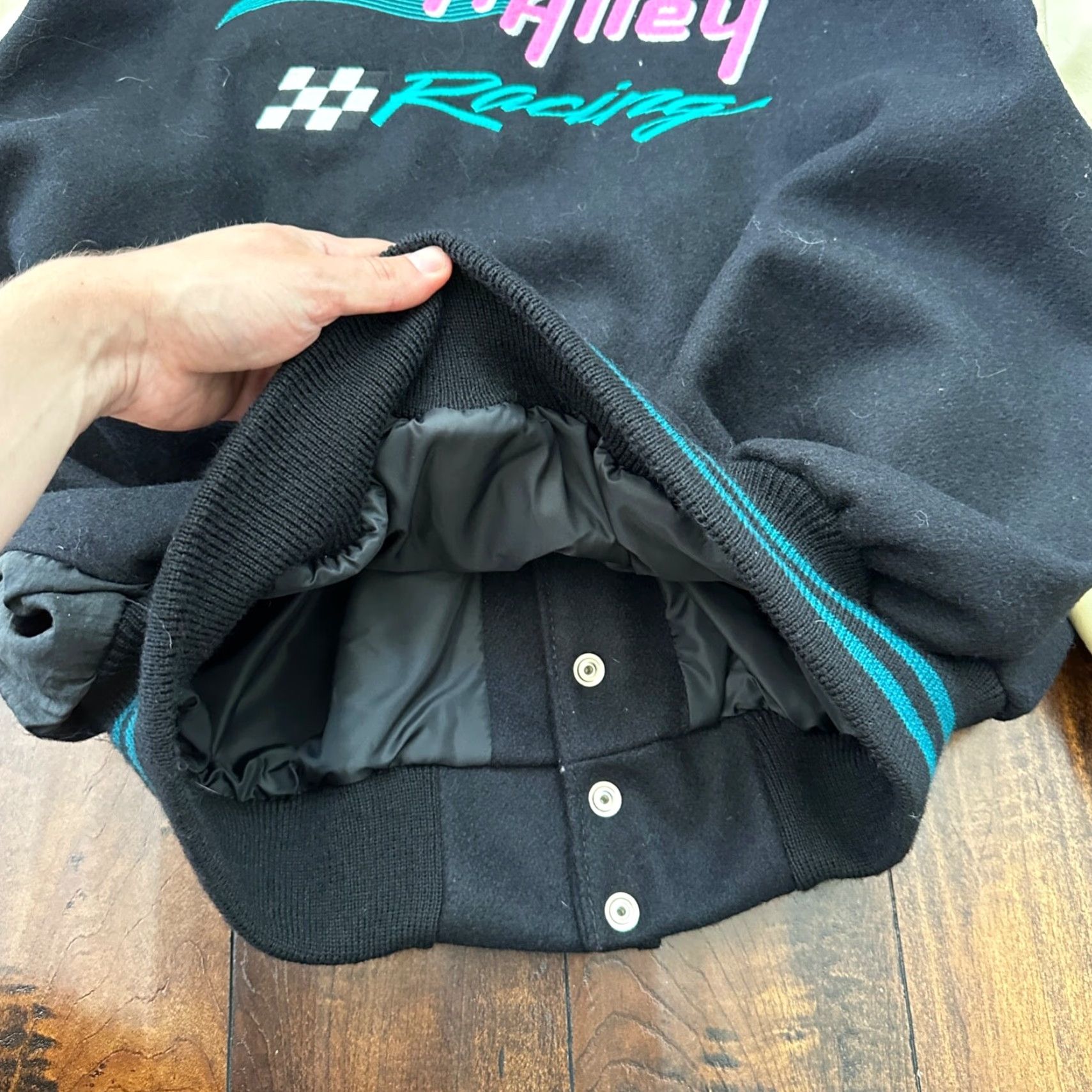 Vintage VTG Graffiti Alley Varsity Leather Letterman 70s Jacket 48 Portland Cars Racing Blue Wool Pattern Solid Men Jacket 80s Classic Preppy Varsity Mens Size US M / EU 48-50 / 2 - 4 Thumbnail