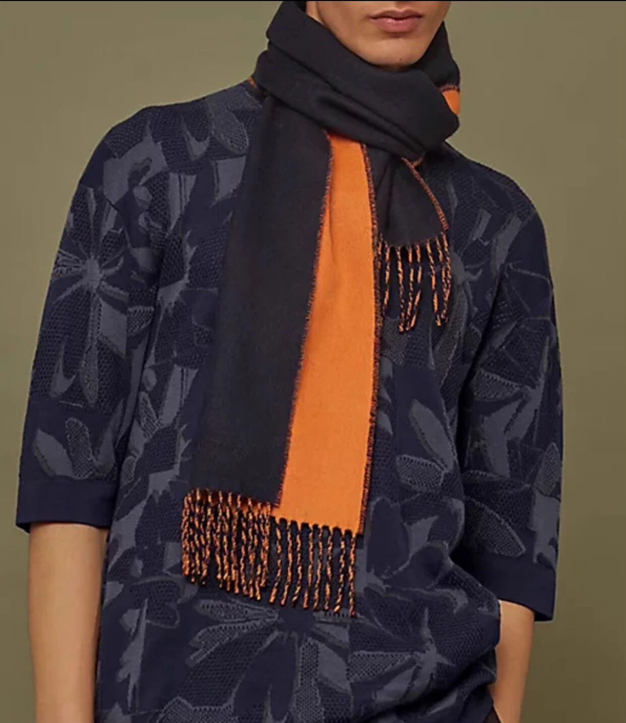 Hermes Hermes navy & orange cashmere 2-sided fringe scarf Size ONE SIZE - 2 Thumbnail