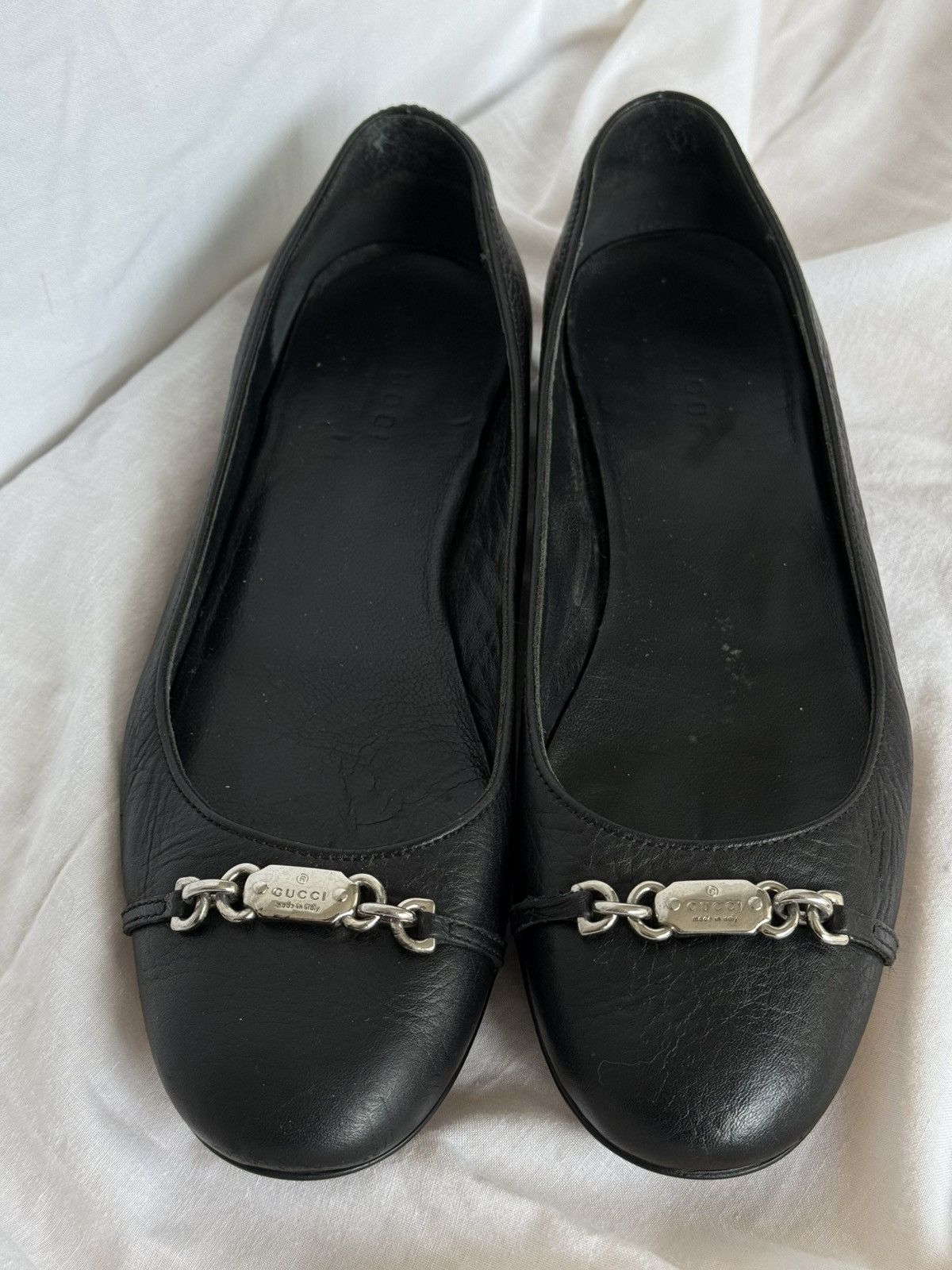 Gucci Gucci Black Leather Ballet Flats Metal Plaque Size US 7 / IT 37 - 3 Thumbnail