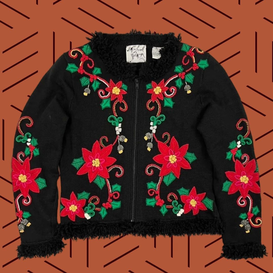 Simons Michael Simon Christmas Cardigan Women M Black Floral Poinsettia Embroidered 90s Size M / US 6-8 / IT 42-44 - 1 Thumbnail