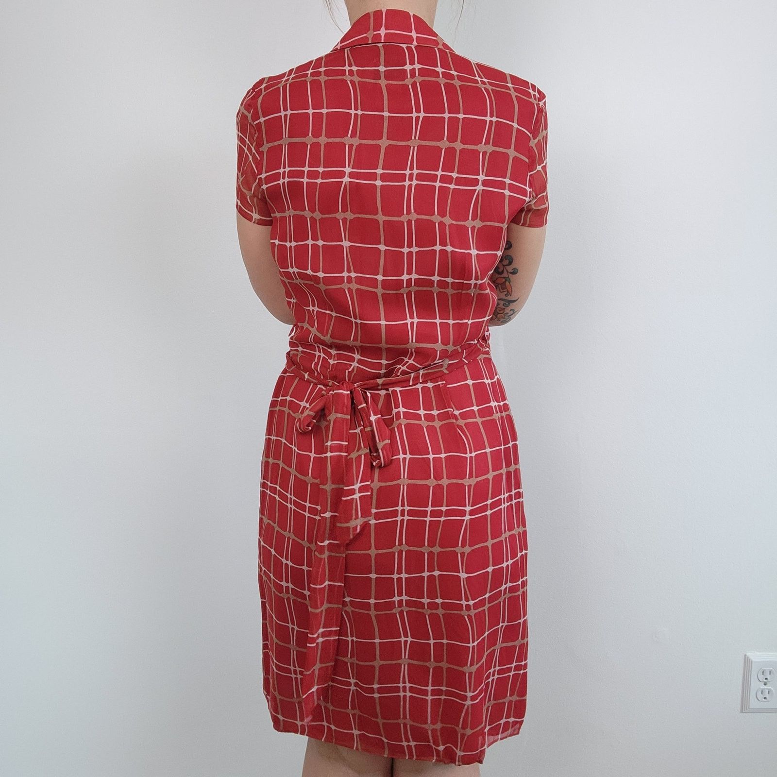 Other Silk 90s Wrap Dress Plaid Short Sleeve Checked Midi Red M Size M / US 6-8 / IT 42-44 - 4 Thumbnail