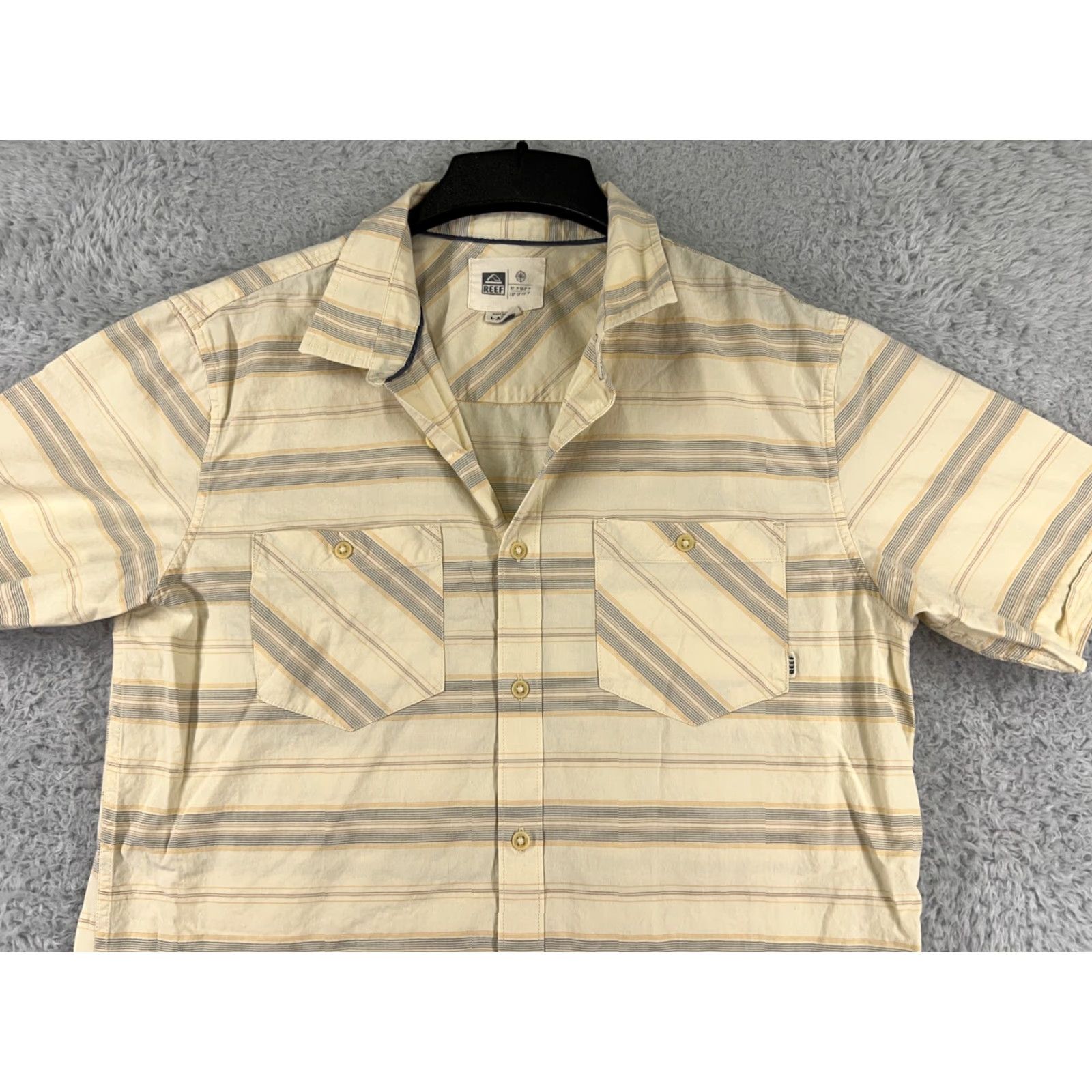 REEF Reef Shirt Mens Large Yellow Gray Striped Button Up 100% Cotton Beach Surf Size US L / EU 52-54 / 3 - 5 Thumbnail