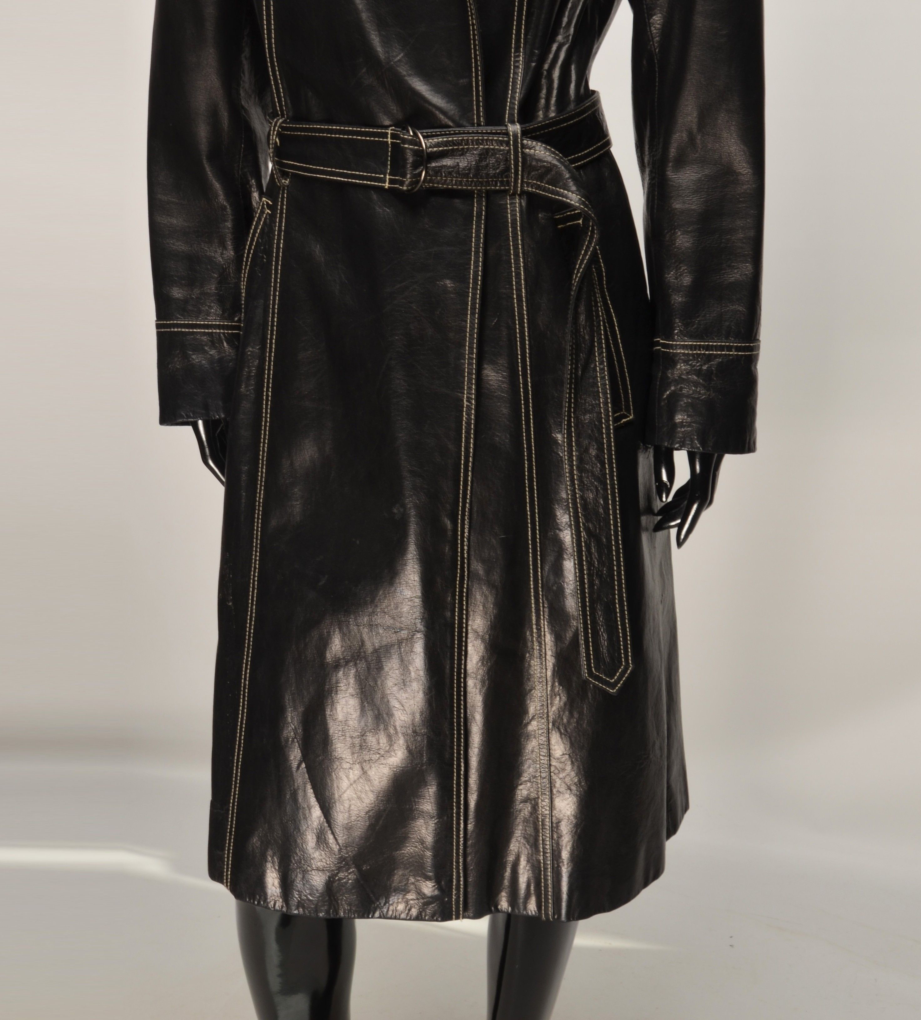 Leonard Paris Vintage Leonardo 90's Black Leather Tiger Lining Trench Coat Size XS / US 0-2 / IT 36-38 - 5 Thumbnail