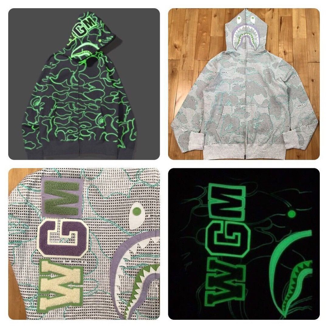 💫Glow in the dark💫 BAPE TEXT CODE CAMO Shark full zip hoodie