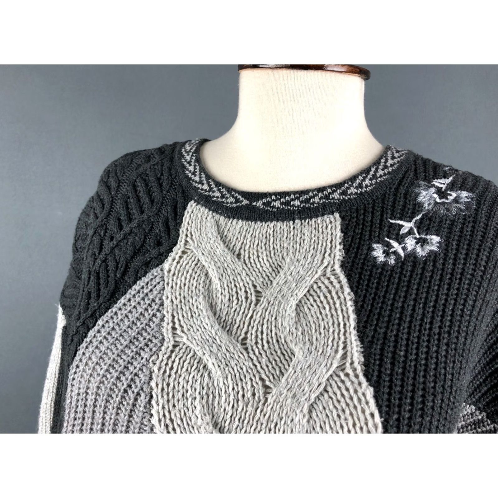 Desigual Desigual Women's Sweater Gray Cotton Blend Floral Cable-Knit Crew Neck Pullover Casual Size M Womens Size M / US 6-8 / IT 42-44 - 6 Thumbnail