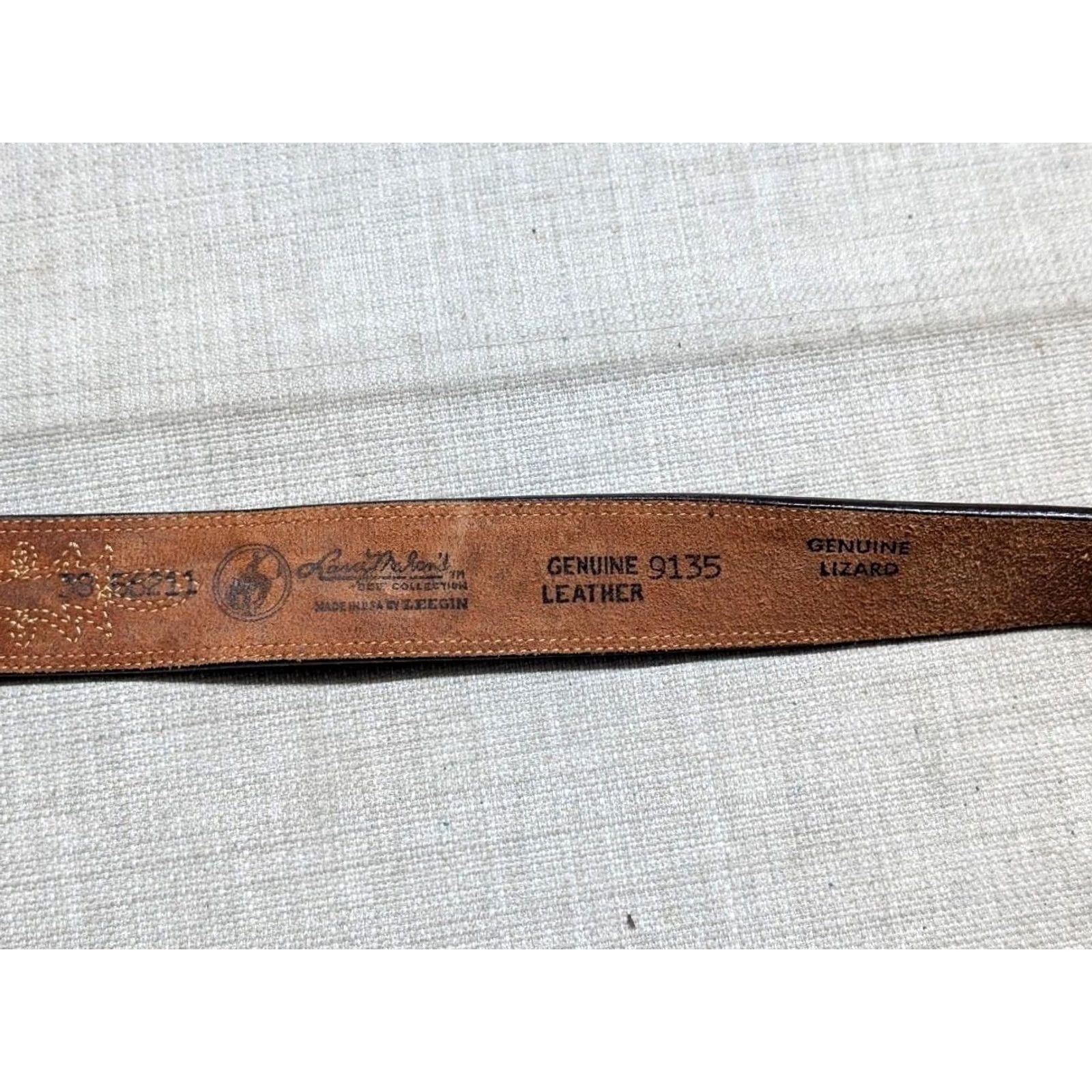 Vintage VINTAGE WESTERN belt LIZARD buckle USA made brown 38 leather COWBOY belt Men Buckle inlay Stitched 1-1/2" width Size 38 - 6 Thumbnail
