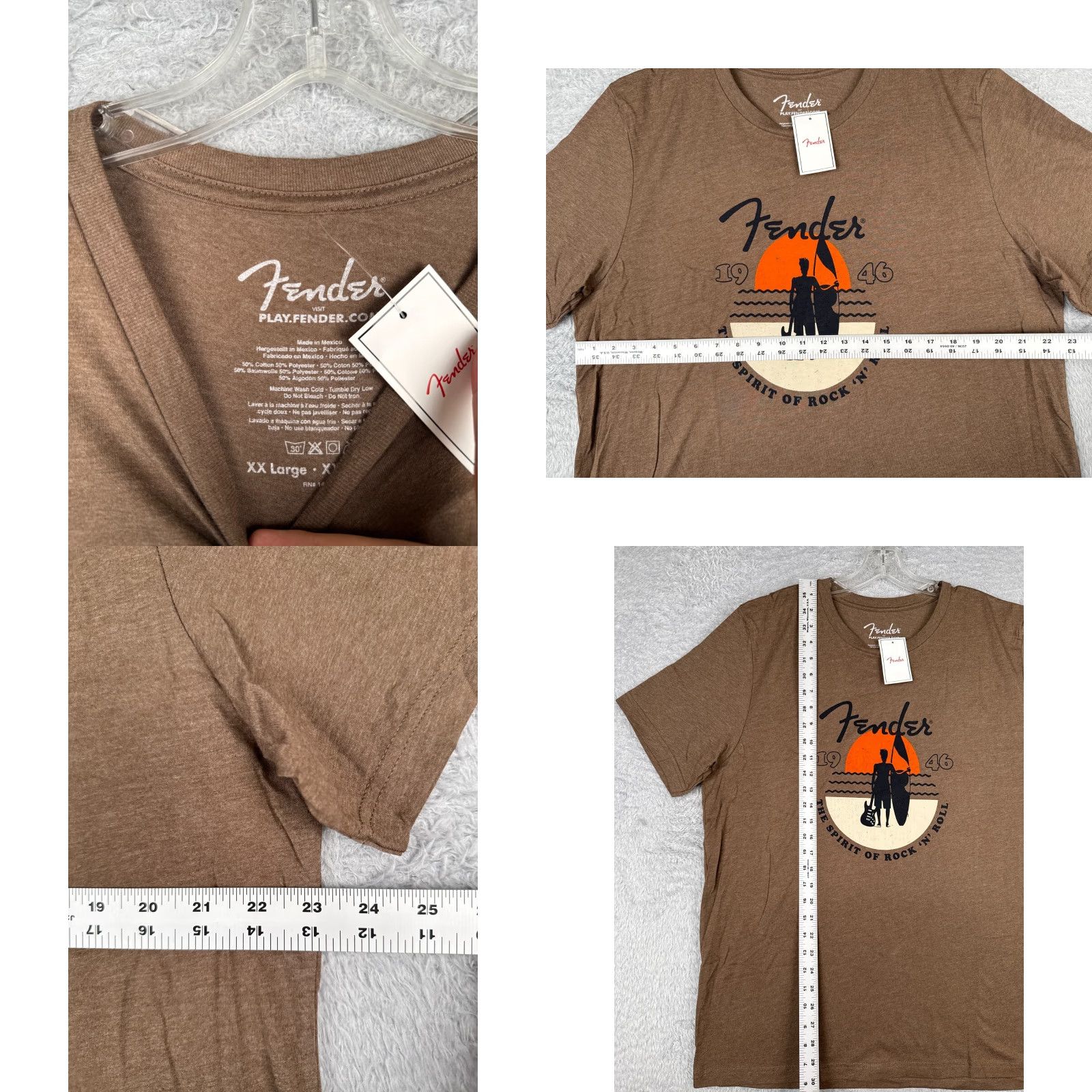 Fender Fender Men T-Shirt Shirt Brown 2XL XXL Cotton Jersey Short Sleeve Crew Neck Punk Spirit Of Rock Music Outdoor All Seasons New Size US XXL / EU 58 / 5 - 8 Thumbnail