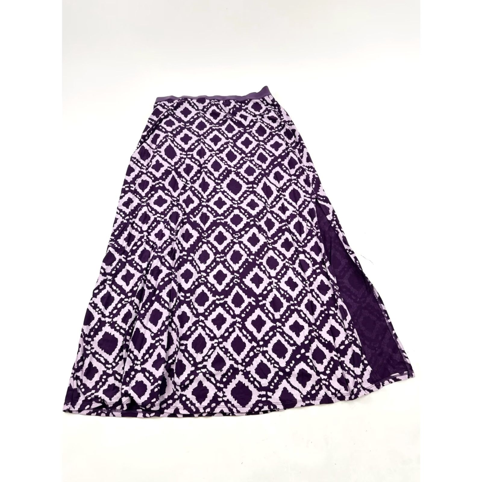 Vintage Fresh Produce Skirt Women L Maxi Purple Gray Geometric Side Slit A-Line Beach Bohemian Casual Travel Tall Long Knit Rayon Spandex Elastic Waist Size 36" / US 14 / IT 50 - 2 Thumbnail