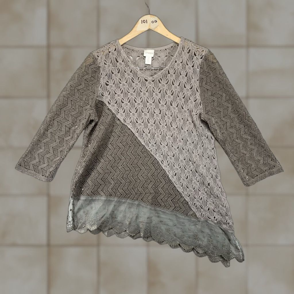 Vintage Chico's Tunic Women's Large Brown Crochet Knit Lace Trim Whimsy Linen Blend Shirt Adult Large Brown Geometric 3/4 Sleeve Casual Womens Size L / US 10 / IT 46 - 1 Thumbnail