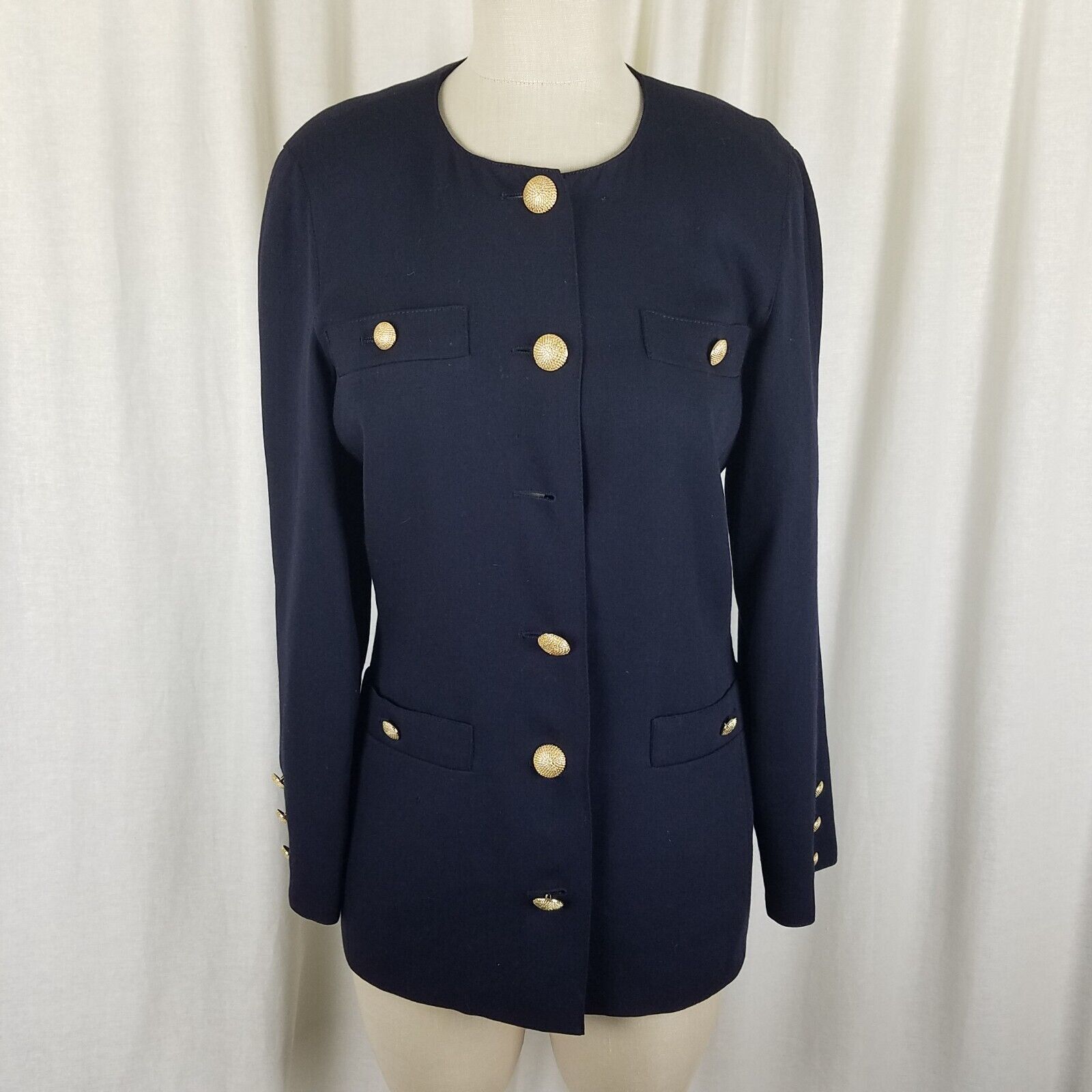 Marella Marella Worsted Wool Navy Collarless Jacket Blazer Crest 8 Size M / US 6-8 / IT 42-44 - 1 Thumbnail