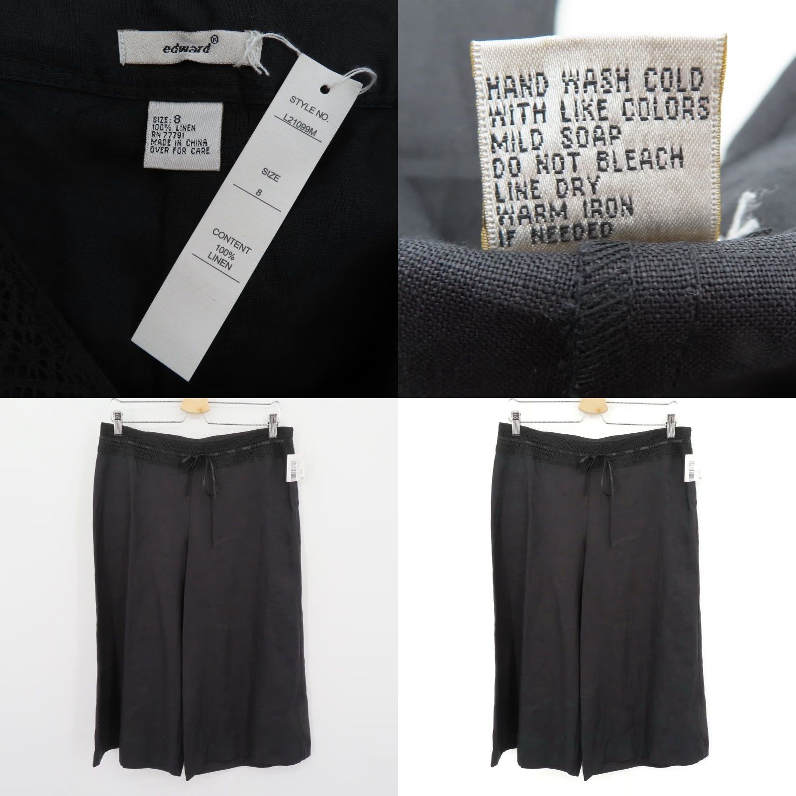 Vintage Edward Womens 8 Black Crocheted Linen Wide Leg Cropped Capri Pants NEW Size 30" / US 8 / IT 44 - 8 Thumbnail