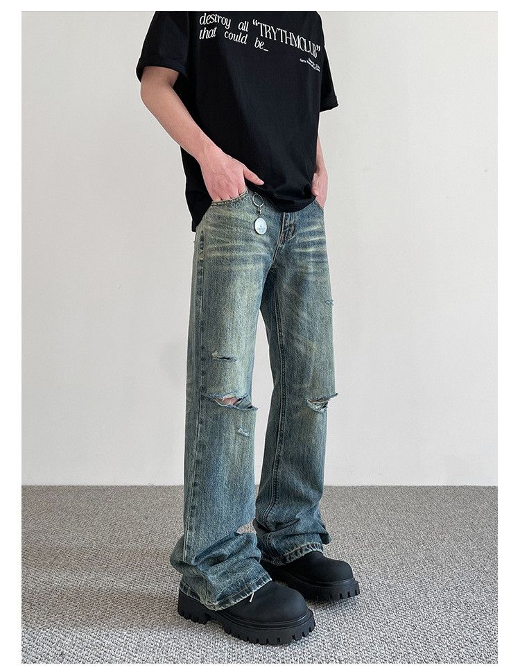 Japanese Brand × Jean Retro distressed men's straight flared cleanfit ripped jeans Size US 32 / EU 48 - 1 Thumbnail