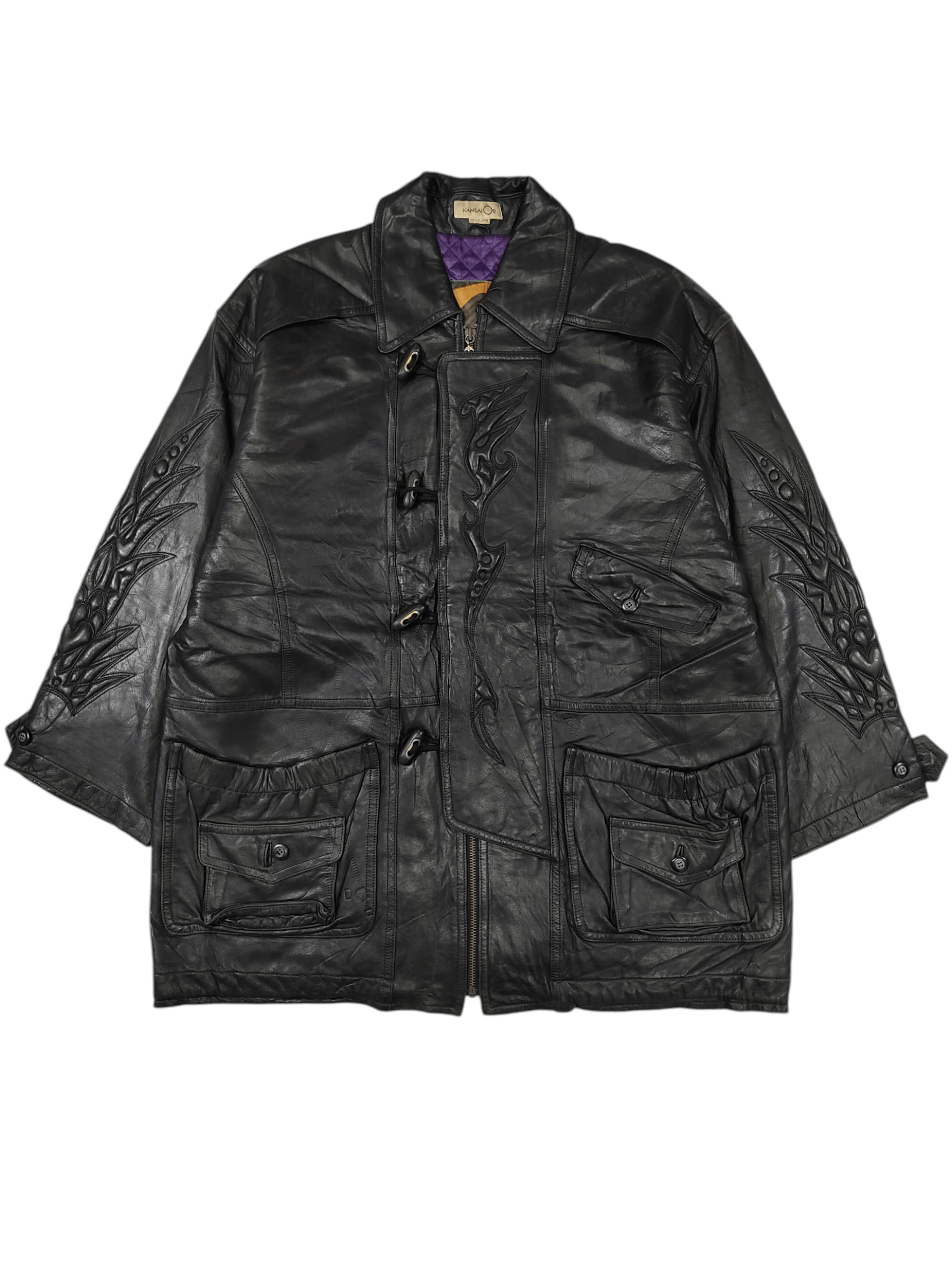 Kansai Yamamoto ARCHIVE📕80s Kansai O2 Tribal Embossed Leather Jacket Size US L / EU 52-54 / 3 - 1 Thumbnail