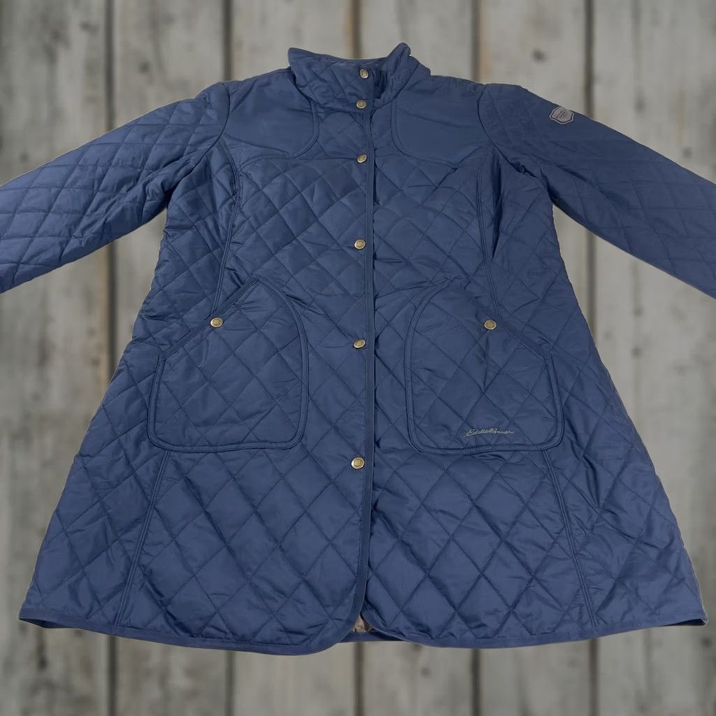 Eddie Bauer VINTAGE Eddie Bauer Women's XL Sportshop Long Jacket Quilted Navy Blue Coat Snap Button All Seasons Pockets Fall Winter Spring Mens Womens Girls Boys Size XL / US 12-14 / IT 48-50 - 1 Thumbnail