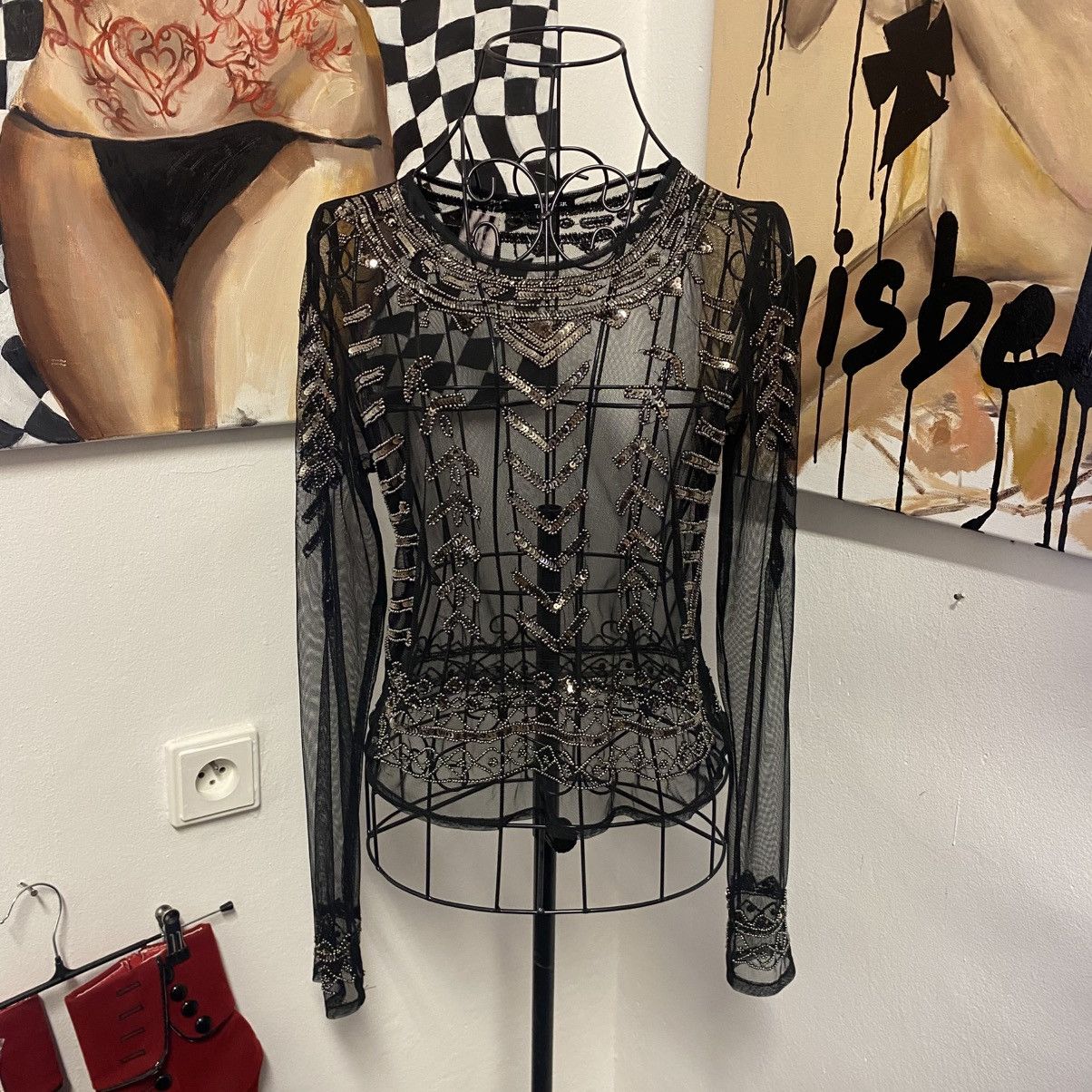 Vintage Black transparent long-sleeved top with beautiful patterns Size L / US 10 / IT 46 - 2 Thumbnail
